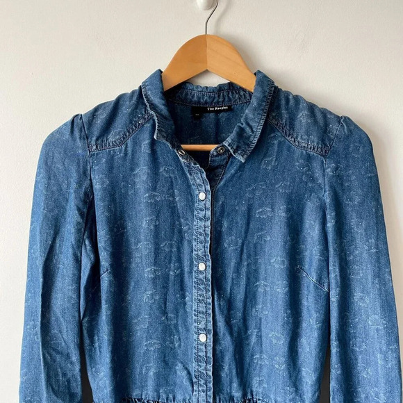 The Kooples Denim Shirt Dress Pearl Button Blue Floral Size XS - Picture 5 of 8